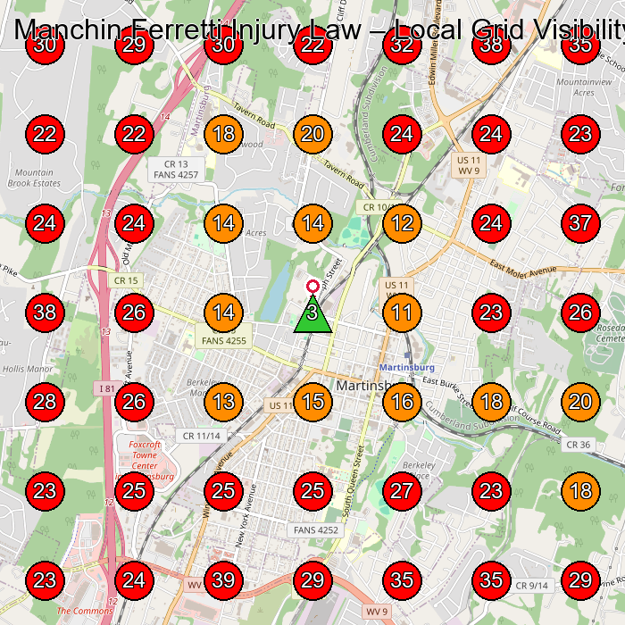 Manchin Ferretti Injury Law GeoGrid visibility map for Construction Company in Martinsburg
